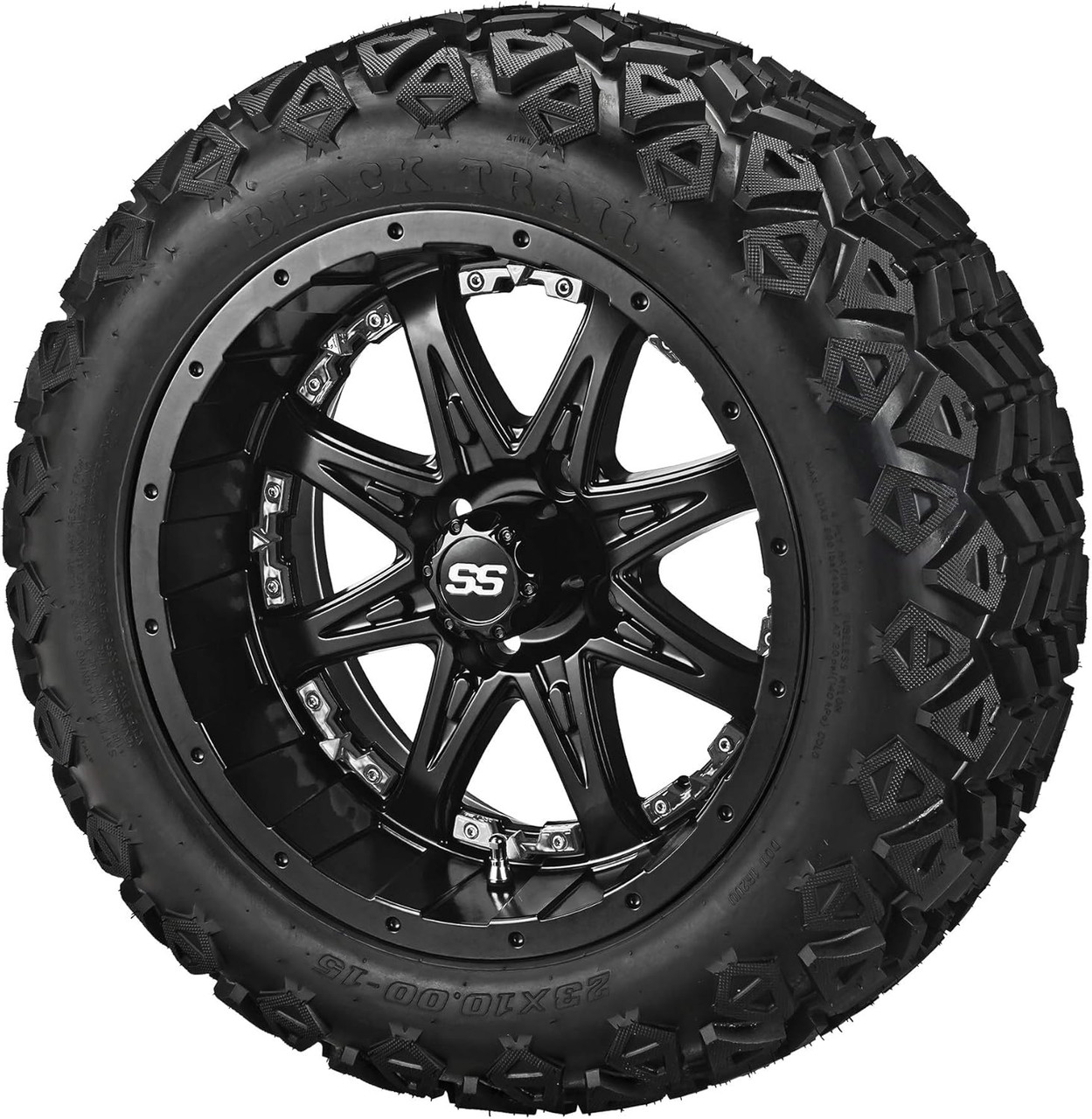 15" Revenge Matte Black on 23x10-15 Black Trail w/Chrome Inserts (Set of 4)