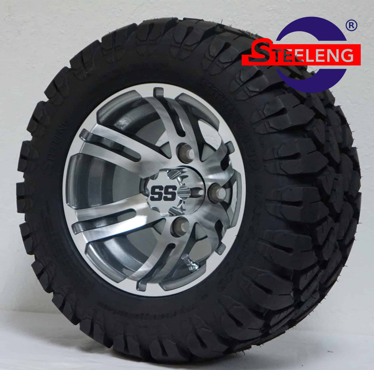 10″ Bulldog Machined/Gunmetal Wheel – Aluminum Alloy / STEELENG 18″x9″-10″ STINGER All Terrain Tire DOT approved
