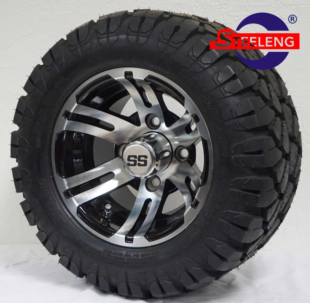 10″ Bulldog Machined/Black Wheel – Aluminum Alloy / STEELENG 18″x9″-10″ STINGER Hybrid AT Tire DOT approved