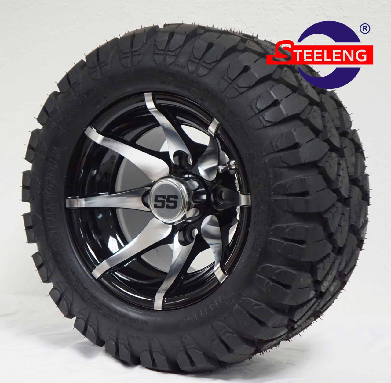 10″ Kraken Machined/Black Wheel – Aluminum Alloy / STEELENG 18″x9″-10″ STINGER Hybrid AT Tire DOT approved