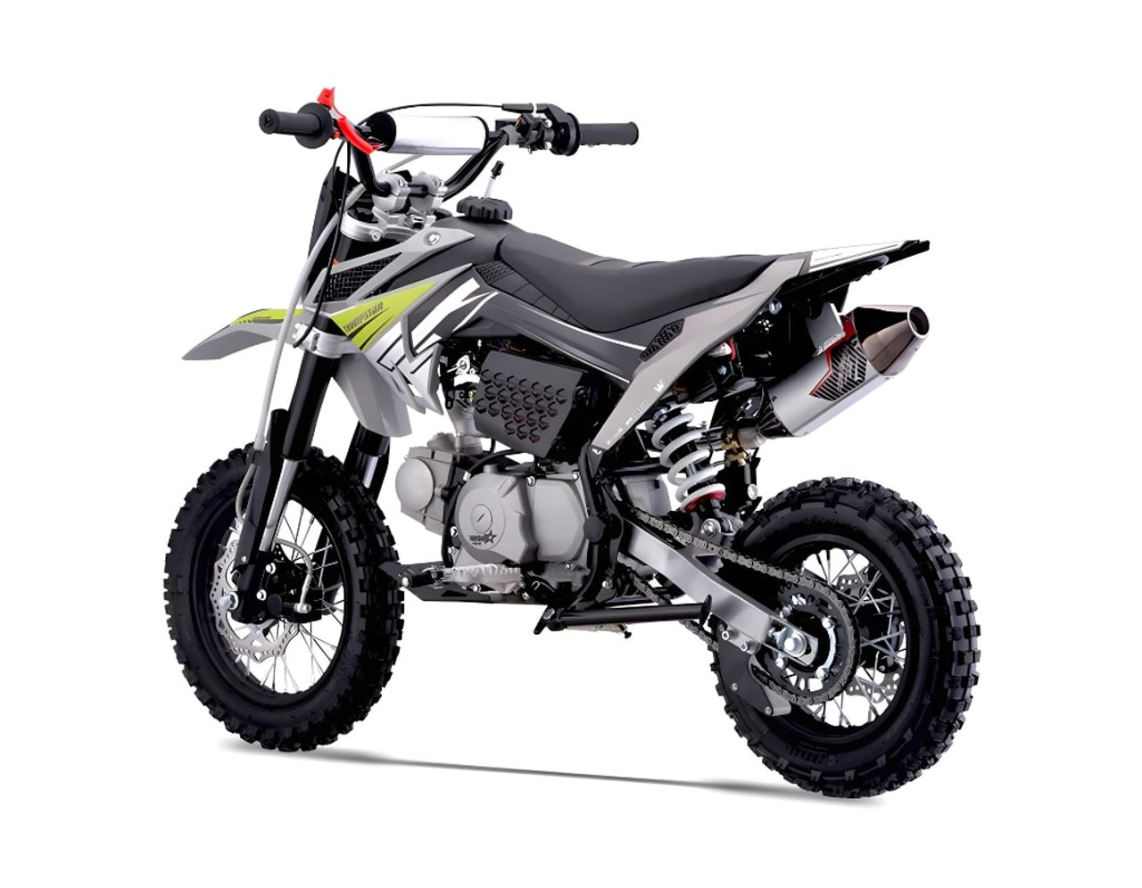 Thumpstar TSK 90cc mini bike, featuring its sleek mini stealth plastics, compact frame, and bold design. The bike is displayed in an action-ready stance, highlighting its inverted front suspension, oversized disc brakes, and Pipe Bomb muffler. The wrap-around frame and waterproof wiring are subtly visible, emphasizing the bike’s durability. The image also highlights the adjustable throttle limiter and emergency lanyard kill switch, key safety features for junior riders.