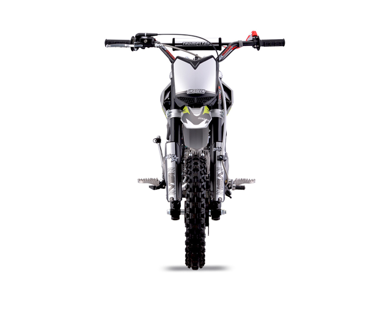 Thumpstar TSK 90cc mini bike, featuring its sleek mini stealth plastics, compact frame, and bold design. The bike is displayed in an action-ready stance, highlighting its inverted front suspension, oversized disc brakes, and Pipe Bomb muffler. The wrap-around frame and waterproof wiring are subtly visible, emphasizing the bike’s durability. The image also highlights the adjustable throttle limiter and emergency lanyard kill switch, key safety features for junior riders.