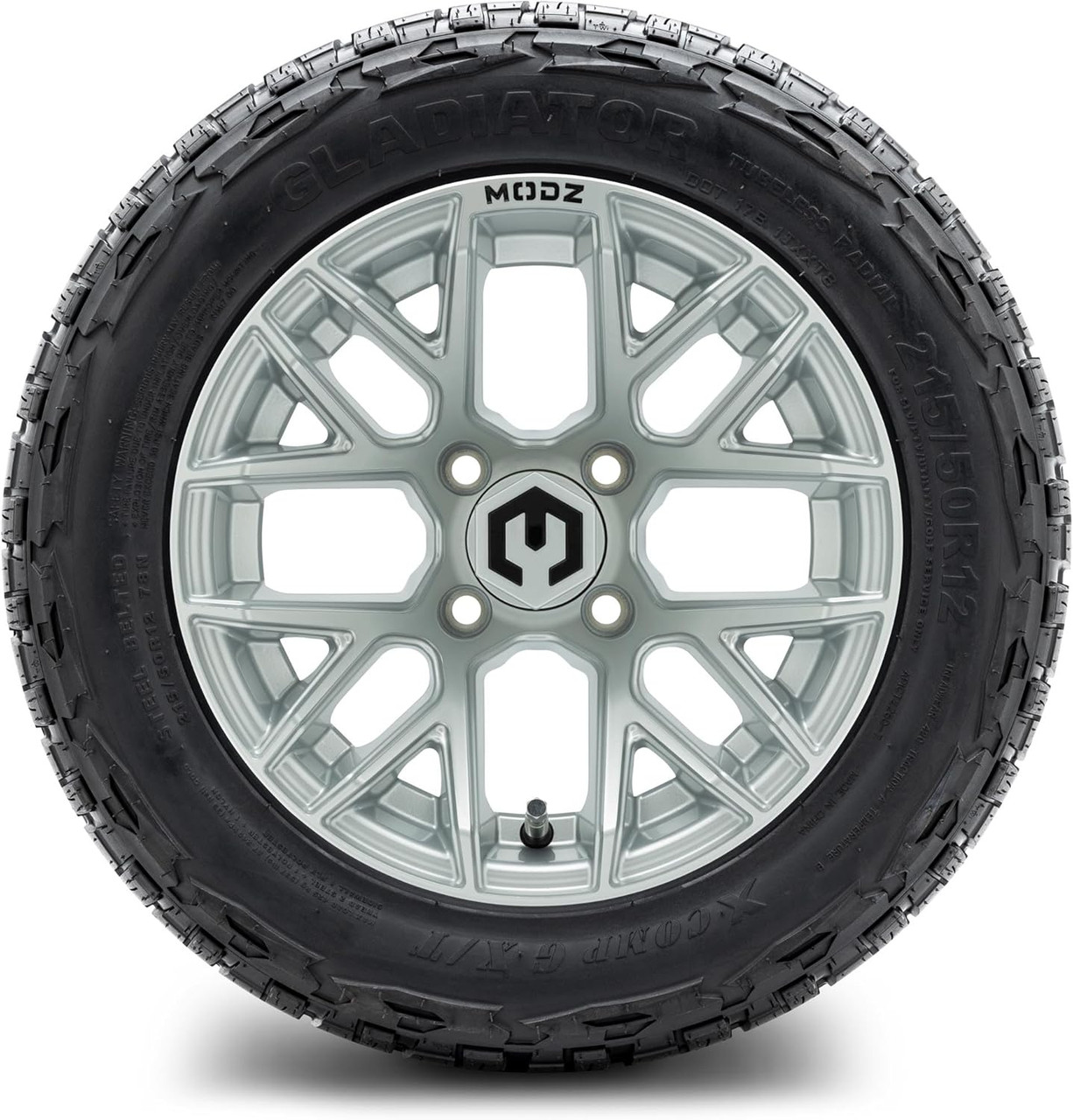 MODZ® Matrix Silver 12" Golf Cart Wheels paired with X-Comp Gladiator (215/50-R12) DOT Steel-Belted Radial Tires. The wheels feature a sleek, silver finish with a modern design, complemented by chrome lug nuts and center caps. The tires are robust and treaded, designed for both street and turf use. The combo is professionally mounted and balanced, ready to enhance the performance and appearance of any lifted golf cart.