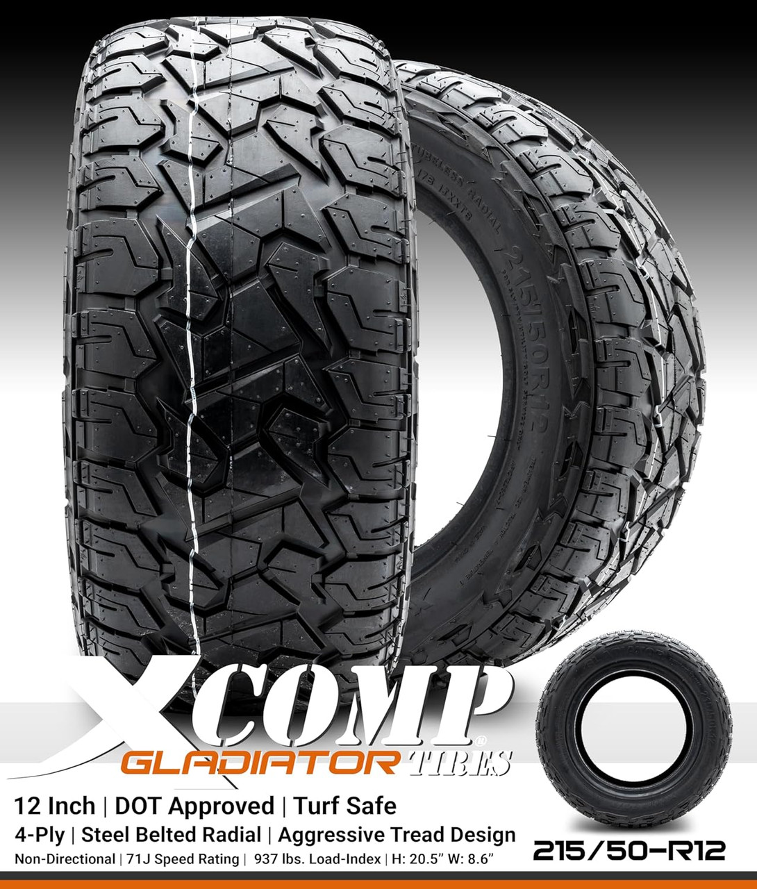 MODZ® Matrix Silver 12" Golf Cart Wheels paired with X-Comp Gladiator (215/50-R12) DOT Steel-Belted Radial Tires. The wheels feature a sleek, silver finish with a modern design, complemented by chrome lug nuts and center caps. The tires are robust and treaded, designed for both street and turf use. The combo is professionally mounted and balanced, ready to enhance the performance and appearance of any lifted golf cart.