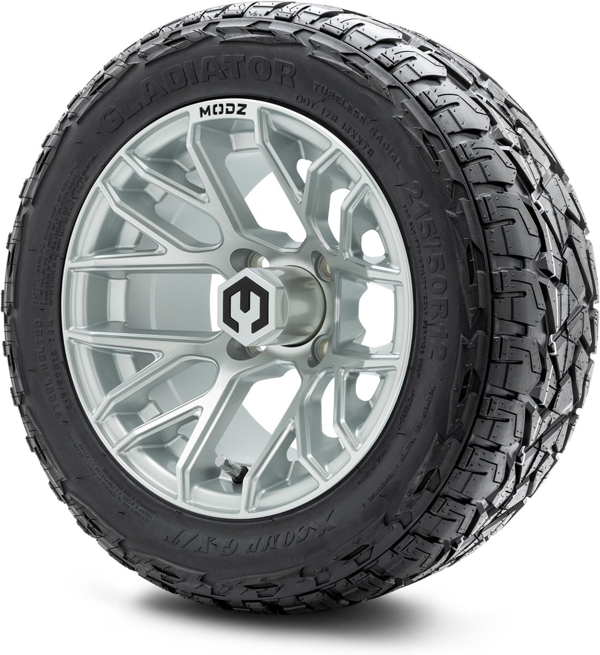 MODZ® Matrix Silver 12" Golf Cart Wheels paired with X-Comp Gladiator (215/50-R12) DOT Steel-Belted Radial Tires. The wheels feature a sleek, silver finish with a modern design, complemented by chrome lug nuts and center caps. The tires are robust and treaded, designed for both street and turf use. The combo is professionally mounted and balanced, ready to enhance the performance and appearance of any lifted golf cart.