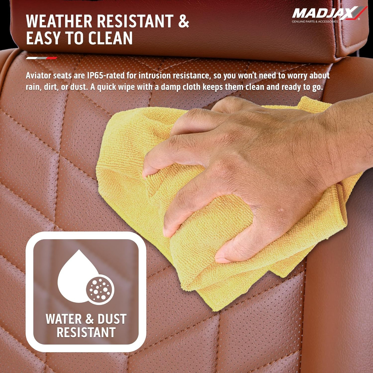 The image showcases the MADJAX Aviator Heated/Cooled Golf Cart Front Seat Cushion with Thermaflex, featuring a sleek, premium leather-look design with hand-stitched pattern inlays. The dual climate control panels are visible, highlighting the heating and cooling functionality. The seats are shown installed in a golf cart, demonstrating their perfect fit for EZGO TXT, RXV, and MadJax XSeries models. The integrated headrests and contoured bolstering add to the luxurious and ergonomic design.