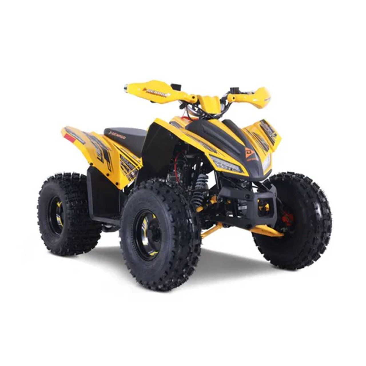 "A Denago Trailhawk 10FI Yellow Edition Youth ATV parked on a rugged dirt trail, showcasing its bold yellow color, aggressive 120cc EFI engine, and safety features like hydraulic disc brakes, LED lights, and color-matched handguards. Designed for riders ages 10+, this high-performance quad includes a wireless remote shut-off, adjustable throttle limiter, and automatic transmission with reverse gear."