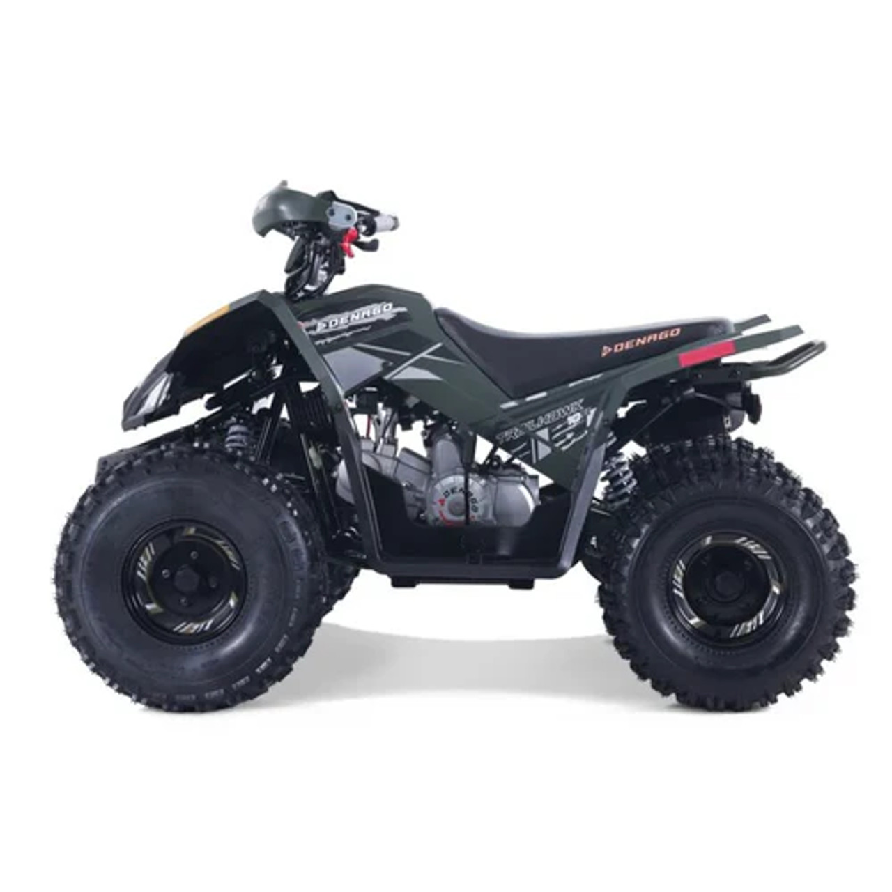 Denago Trailhawk 10FI Matte Green Edition Youth ATV – A powerful 120cc fuel-injected 4-stroke quad for kids aged 10 and up, featuring dual A-arm suspension, electric start, LED lights, reverse gear, and remote safety shut-off. Rugged design with color-matched handguards and full floorboards, perfect for off-road youth adventures.