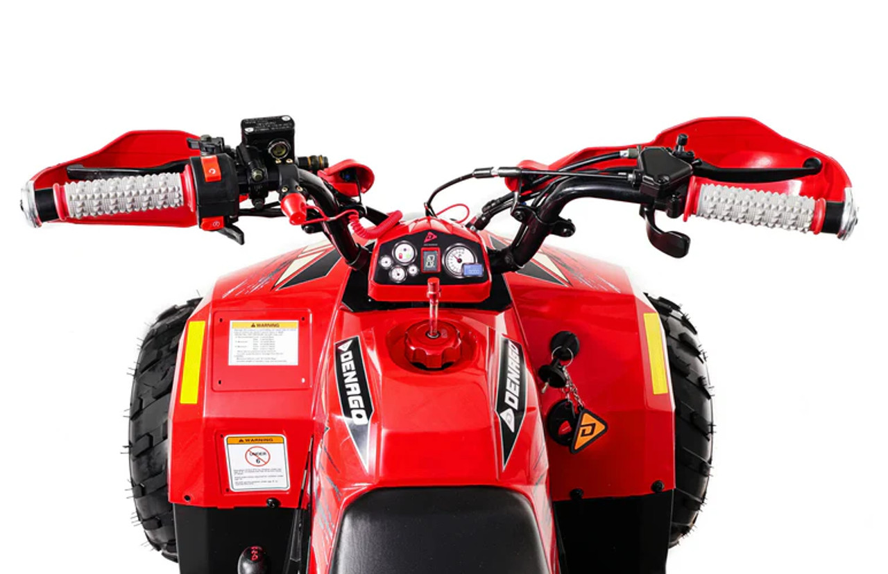 Bright red Denago Mudhawk 6 youth ATV designed for ages 6 and up, featuring a 107cc 4-stroke engine, fully automatic transmission with reverse, LED lighting, rear cargo rack, independent front suspension, and rear hydraulic disc brakes.