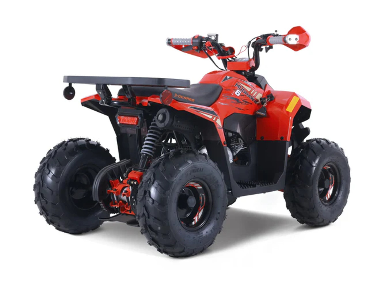 Bright red Denago Mudhawk 6 youth ATV designed for ages 6 and up, featuring a 107cc 4-stroke engine, fully automatic transmission with reverse, LED lighting, rear cargo rack, independent front suspension, and rear hydraulic disc brakes.