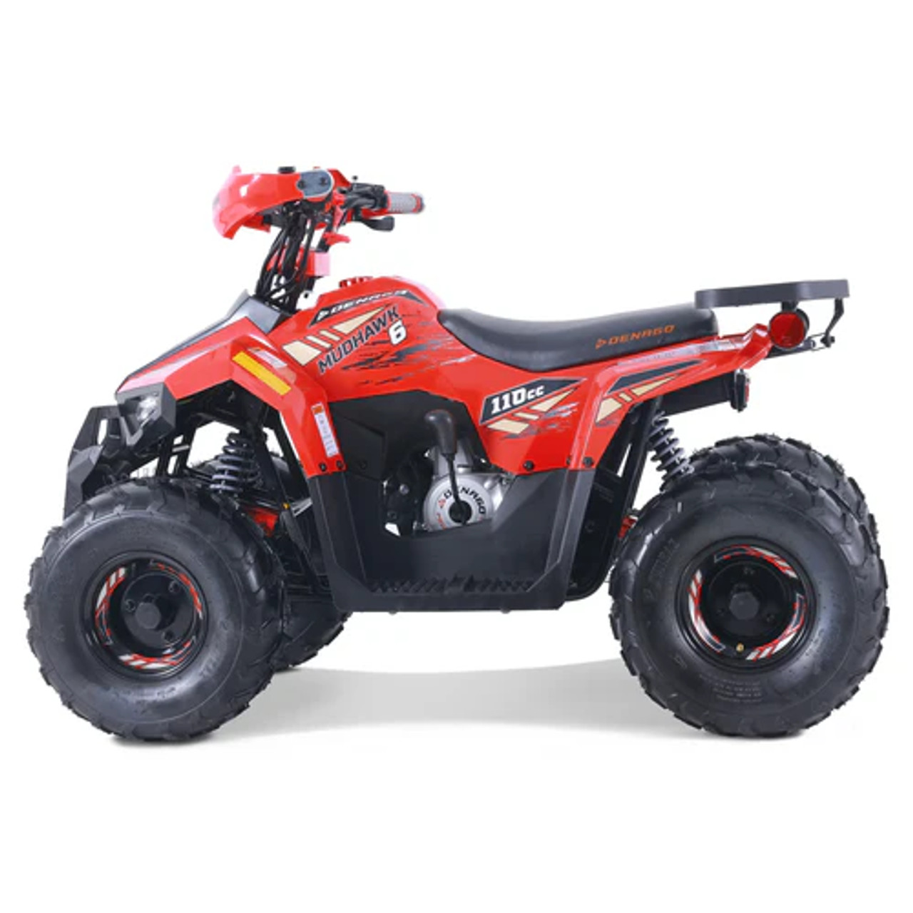 Bright red Denago Mudhawk 6 youth ATV designed for ages 6 and up, featuring a 107cc 4-stroke engine, fully automatic transmission with reverse, LED lighting, rear cargo rack, independent front suspension, and rear hydraulic disc brakes.