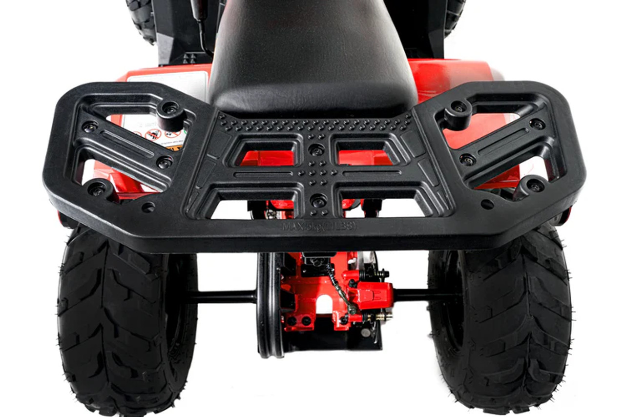 Matte green Denago Mudhawk 6 youth ATV with 107cc 4-stroke engine, automatic F-N-R transmission, LED headlights, rear cargo rack, independent front suspension, and remote wireless shut-off for kids aged 6 and up.