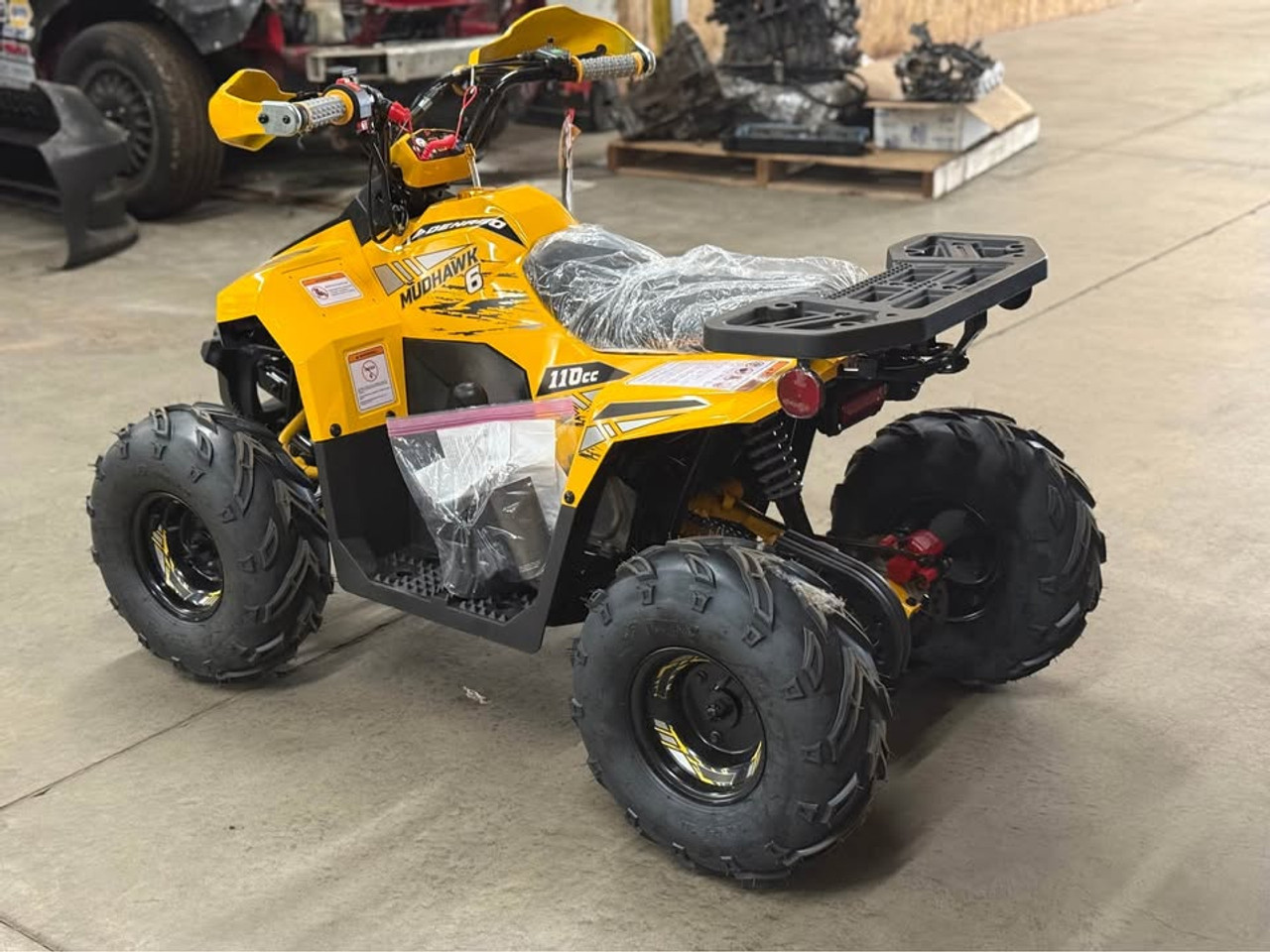 "The Denago Mudhawk 6 ATV Yellow Edition is a high-performance youth ATV designed for riders aged 6+. Featuring a powerful 107cc engine, automatic transmission with reverse, wireless remote shut-off, and adjustable throttle limiter, this vibrant yellow ATV combines safety with off-road excitement. With independent suspension, hydraulic brakes, LED lights, and rugged construction, it's built for adventure. Perfect for trails, backyards, and learning the basics of ATV riding."