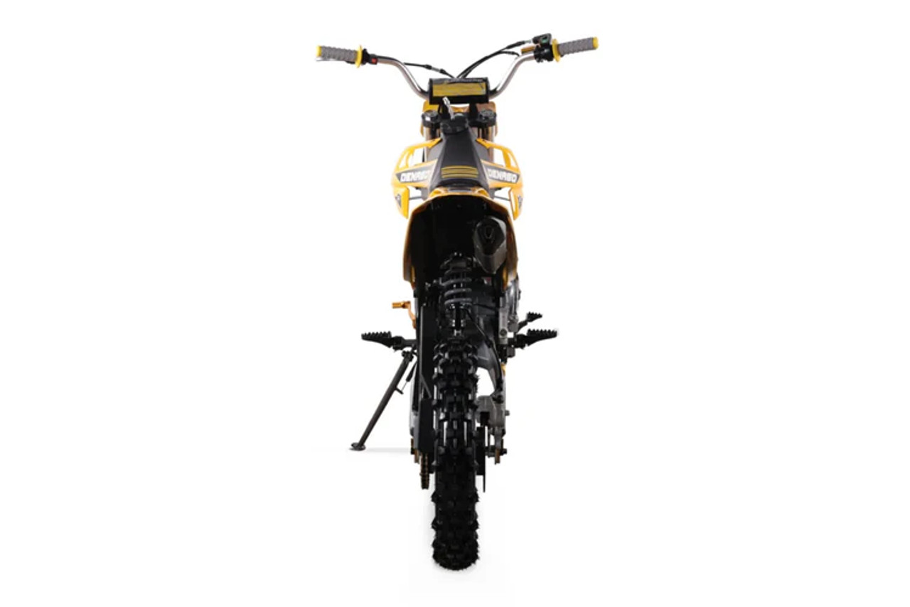 "The Denago MX2 Yellow Edition pit bike features a 125cc engine with 4-speed transmission, hydraulic disc brakes, and adjustable suspension. Shown with vibrant yellow accents on CNC components, black powder-coated wheels, and aggressive knobby tires, this performance bike offers inverted forks, folding levers, and stainless exhaust. Perfect for trail riding with 14.5" ground clearance."