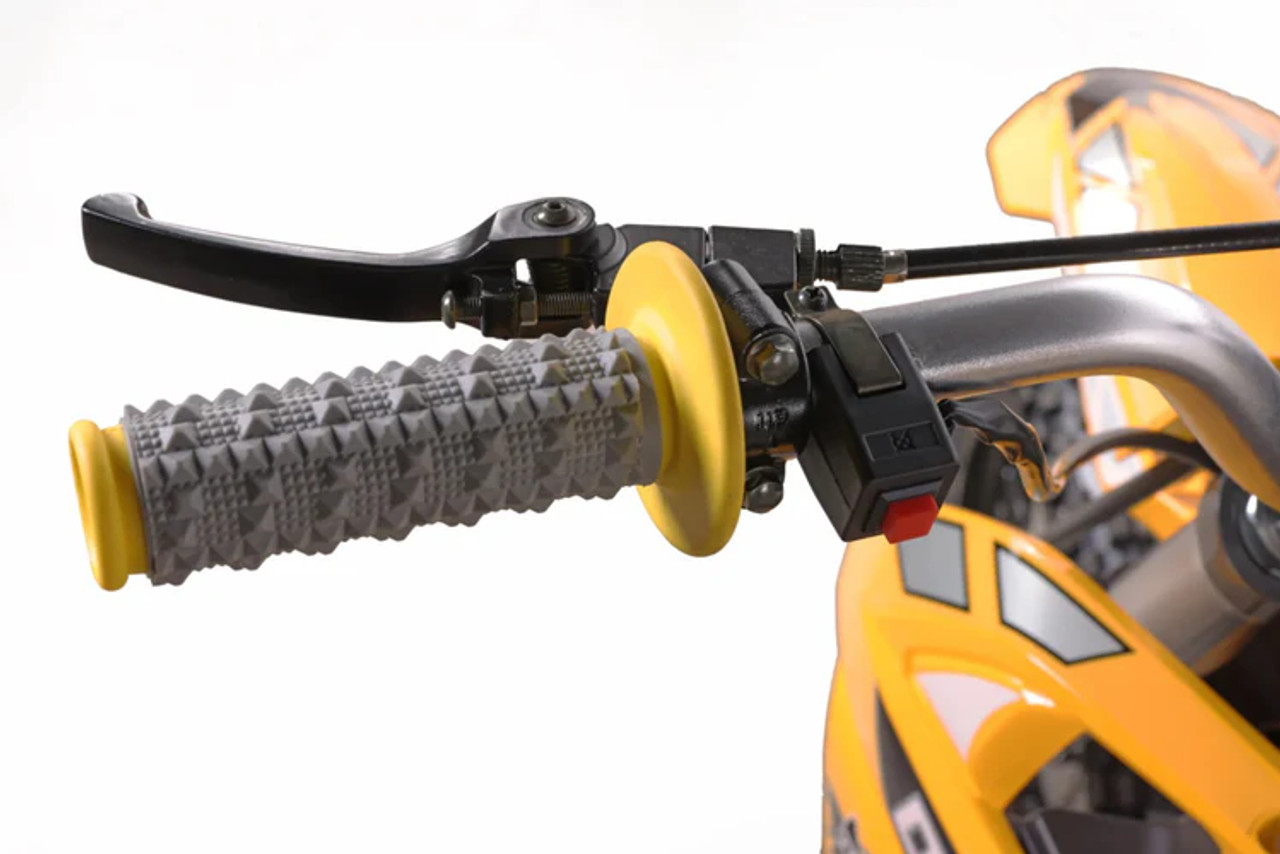 "The Denago MX2 Yellow Edition pit bike features a 125cc engine with 4-speed transmission, hydraulic disc brakes, and adjustable suspension. Shown with vibrant yellow accents on CNC components, black powder-coated wheels, and aggressive knobby tires, this performance bike offers inverted forks, folding levers, and stainless exhaust. Perfect for trail riding with 14.5" ground clearance."