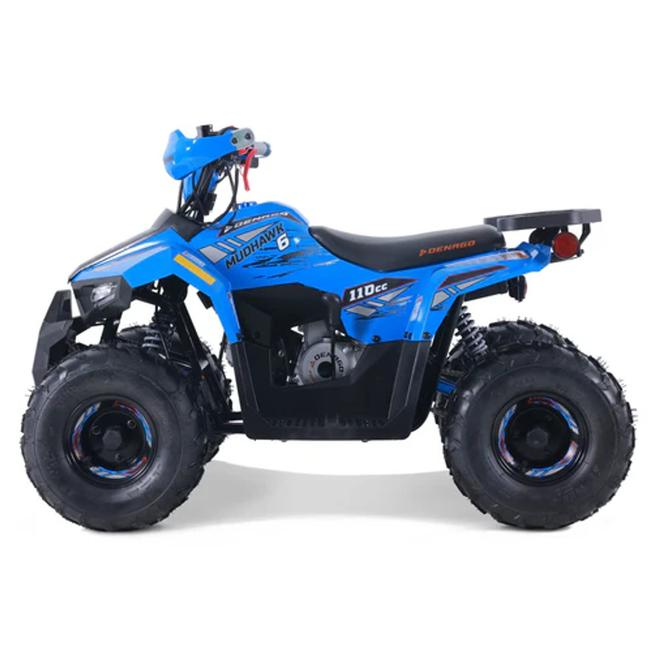 "The Denago Mudhawk 6 ATV Blue Edition is a sleek, high-performance youth ATV designed for riders aged 6 and up. Featuring a powerful 107cc engine, fully automatic transmission with reverse, wireless remote shut-off, and adjustable throttle limiter, this ATV ensures safety and excitement. With independent front suspension, hydraulic rear disc brakes, LED lights, and a durable cargo rack, it’s built for adventure. Perfect for off-road trails, backyard riding, and learning the basics of ATV operation."