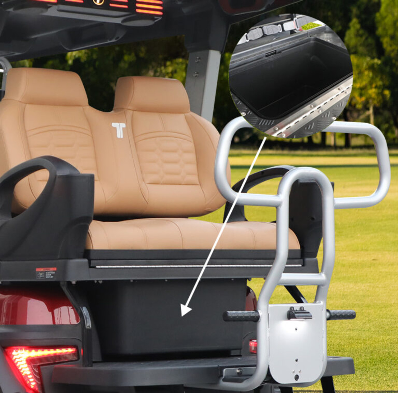 Tara Explorer 2+2 electric golf cart featuring lifted suspension, off-road silent tread tires, touchscreen with Apple CarPlay & Android Auto, 4 luxury imitation leather seats, built-in refrigerator, illuminated cuboid soundbar, LED lights, flip-flop rear seat with storage, and rugged outdoor-ready styling.
