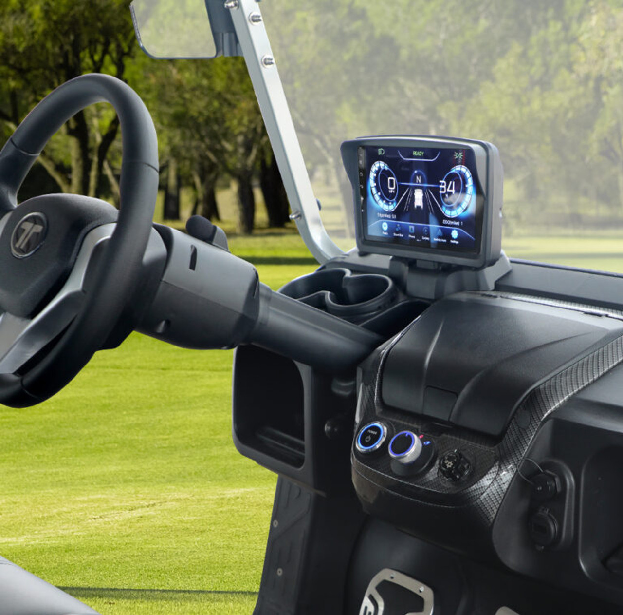 Tara Explorer 2+2 electric golf cart featuring lifted suspension, off-road silent tread tires, touchscreen with Apple CarPlay & Android Auto, 4 luxury imitation leather seats, built-in refrigerator, illuminated cuboid soundbar, LED lights, flip-flop rear seat with storage, and rugged outdoor-ready styling.