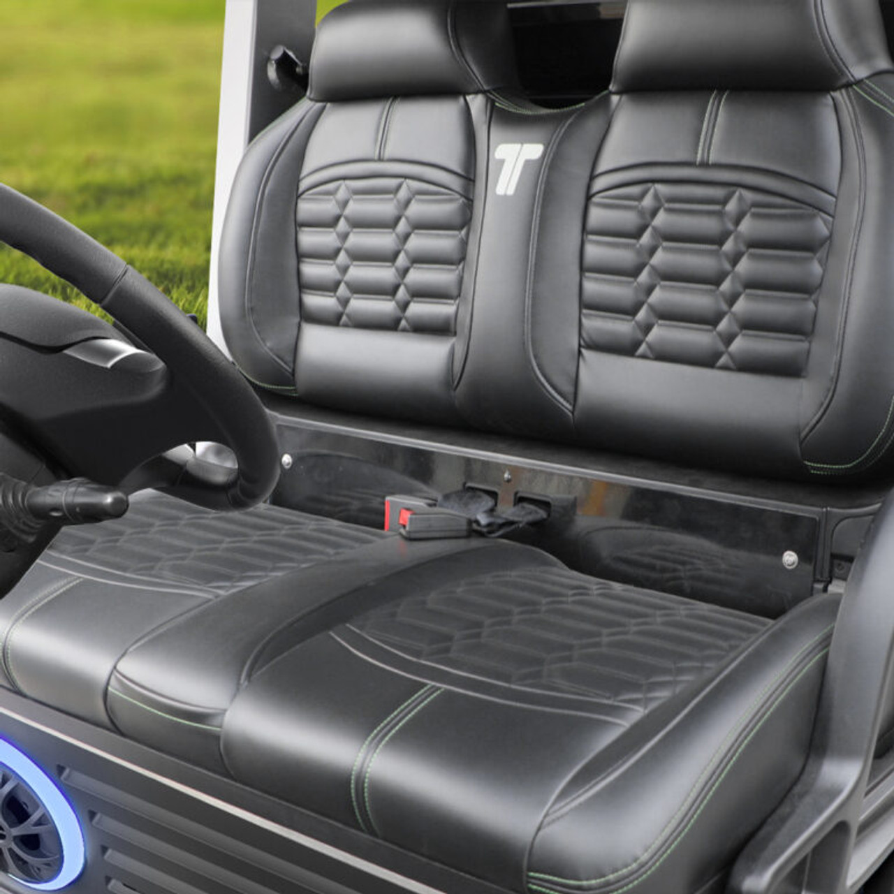 Tara Explorer 2+2 electric golf cart featuring lifted suspension, off-road silent tread tires, touchscreen with Apple CarPlay & Android Auto, 4 luxury imitation leather seats, built-in refrigerator, illuminated cuboid soundbar, LED lights, flip-flop rear seat with storage, and rugged outdoor-ready styling.
