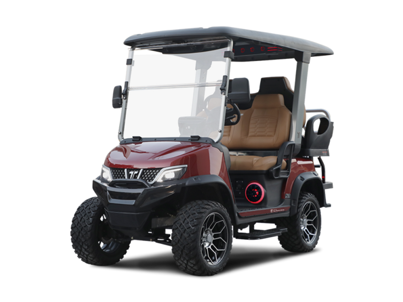 Tara Explorer 2+2 electric golf cart featuring lifted suspension, off-road silent tread tires, touchscreen with Apple CarPlay & Android Auto, 4 luxury imitation leather seats, built-in refrigerator, illuminated cuboid soundbar, LED lights, flip-flop rear seat with storage, and rugged outdoor-ready styling.