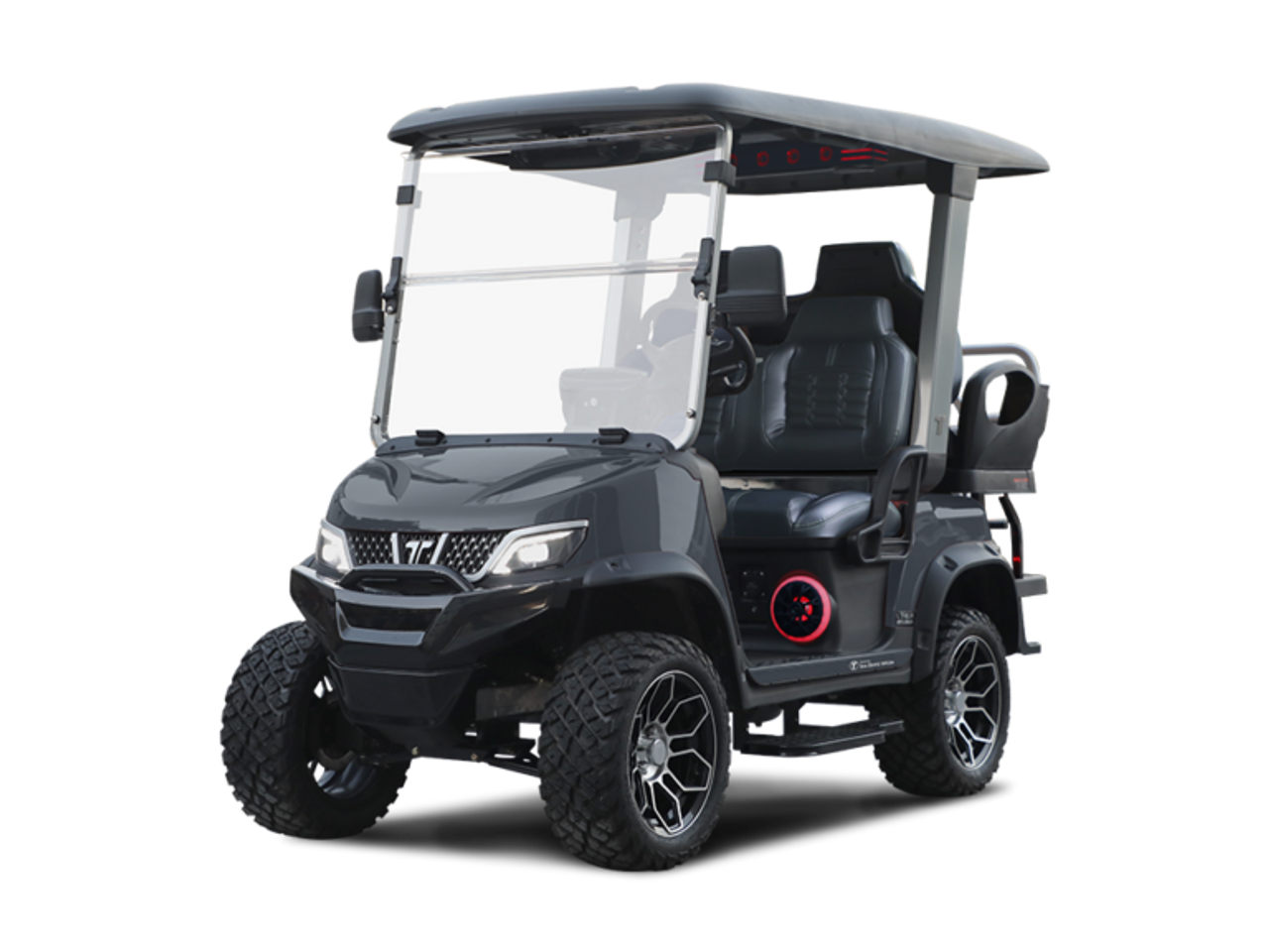 Tara Explorer 2+2 electric golf cart featuring lifted suspension, off-road silent tread tires, touchscreen with Apple CarPlay & Android Auto, 4 luxury imitation leather seats, built-in refrigerator, illuminated cuboid soundbar, LED lights, flip-flop rear seat with storage, and rugged outdoor-ready styling.