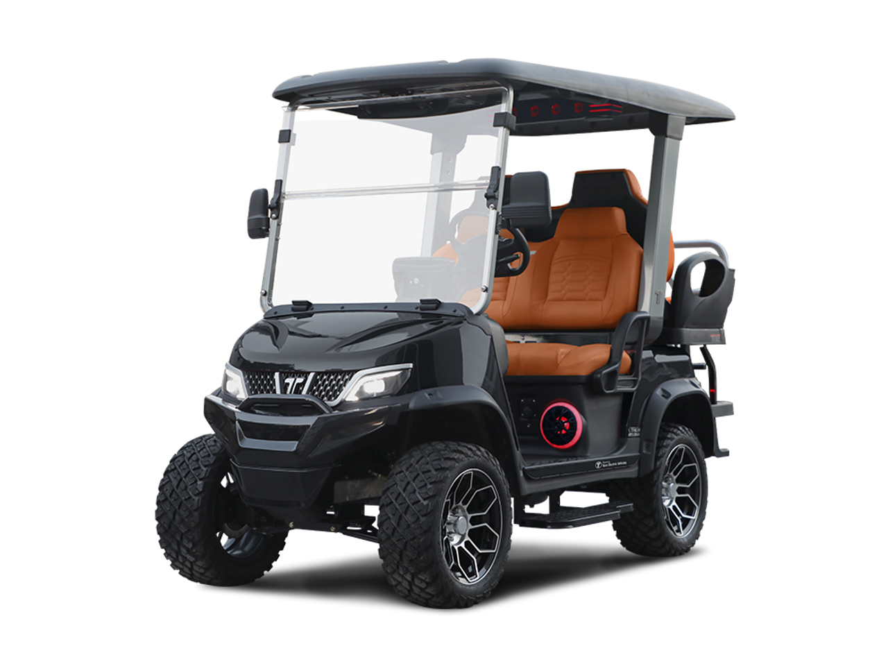 Tara Explorer 2+2 electric golf cart featuring lifted suspension, off-road silent tread tires, touchscreen with Apple CarPlay & Android Auto, 4 luxury imitation leather seats, built-in refrigerator, illuminated cuboid soundbar, LED lights, flip-flop rear seat with storage, and rugged outdoor-ready styling.