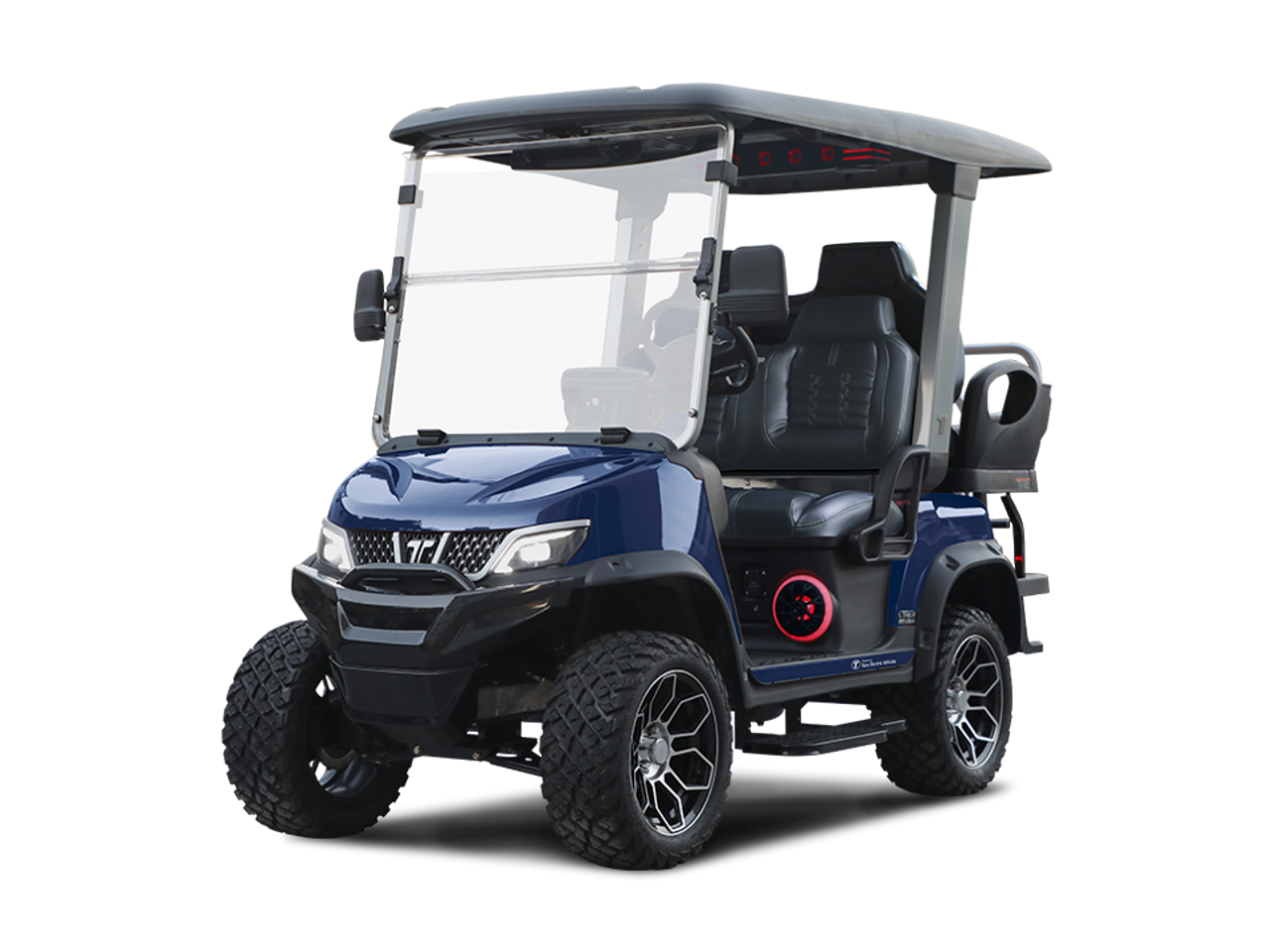Tara Explorer 2+2 electric golf cart featuring lifted suspension, off-road silent tread tires, touchscreen with Apple CarPlay & Android Auto, 4 luxury imitation leather seats, built-in refrigerator, illuminated cuboid soundbar, LED lights, flip-flop rear seat with storage, and rugged outdoor-ready styling.