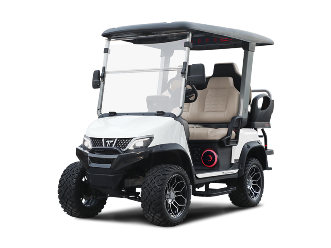 Tara Explorer 2+2 electric golf cart featuring lifted suspension, off-road silent tread tires, touchscreen with Apple CarPlay & Android Auto, 4 luxury imitation leather seats, built-in refrigerator, illuminated cuboid soundbar, LED lights, flip-flop rear seat with storage, and rugged outdoor-ready styling.