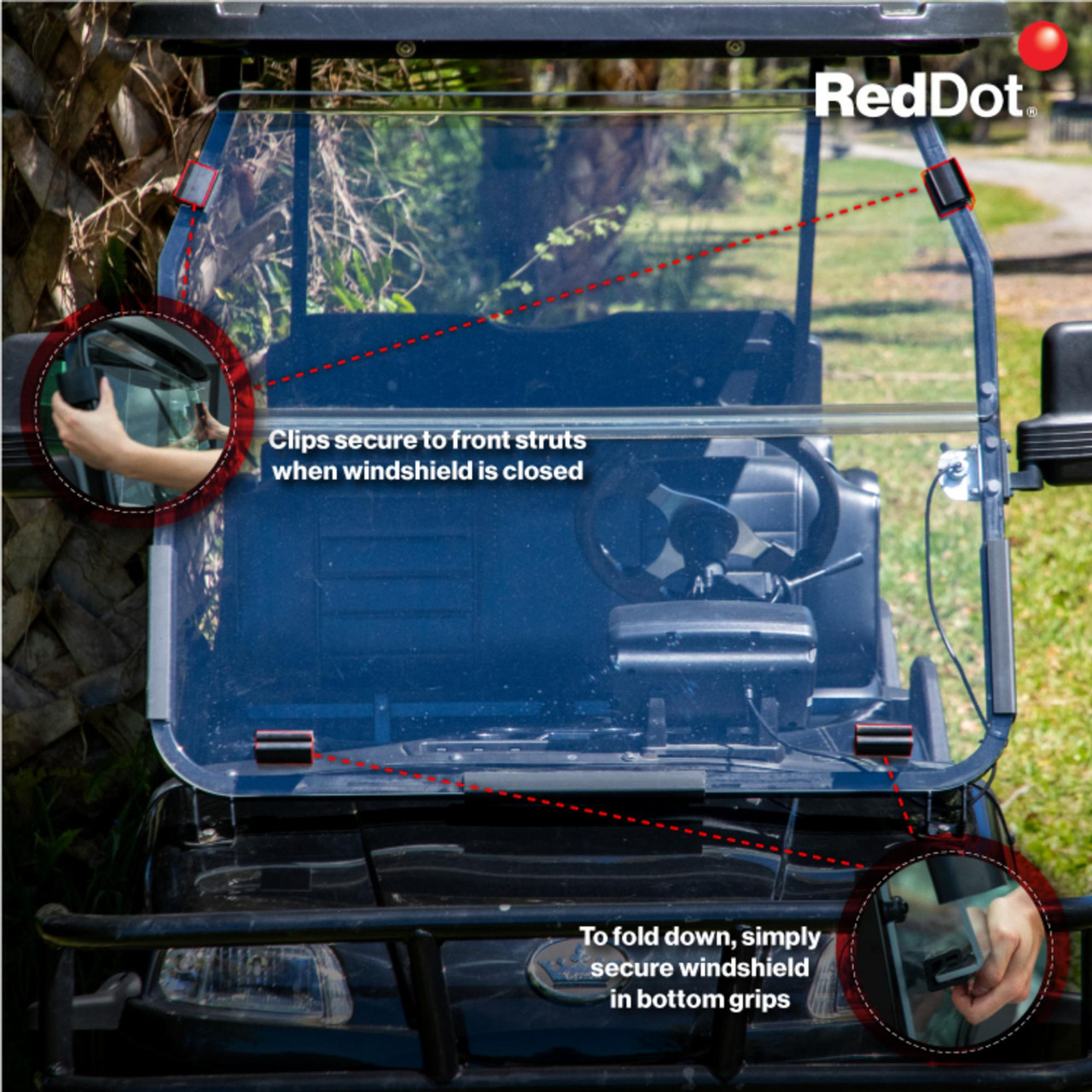 Clear 1/4-inch vented folding windshield installed on an Evolution Classic or Forester golf cart. The windshield features an integrated air vent and UV-resistant surface, shown in upright position for full protection with clean, polished clarity.