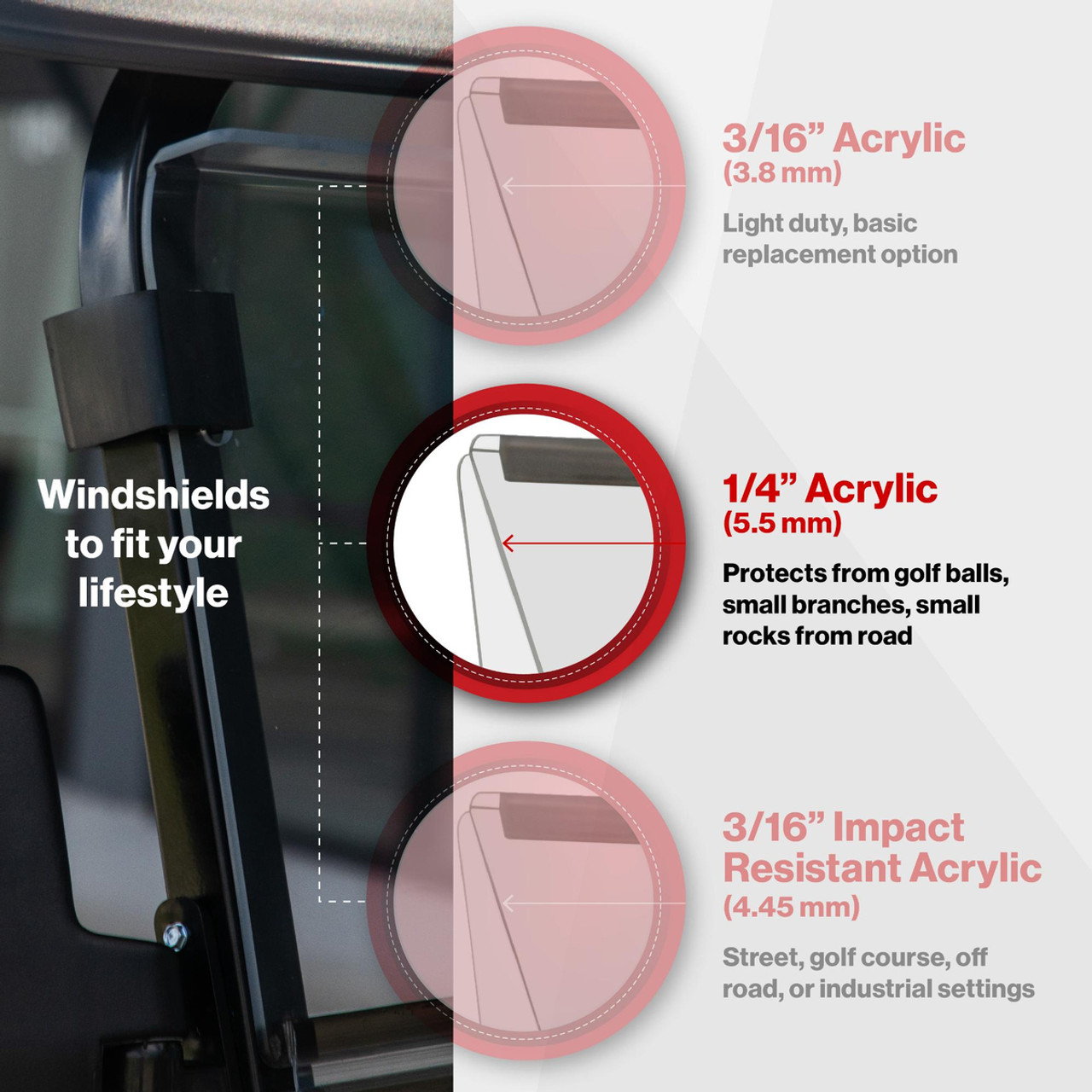Clear 1/4-inch vented folding windshield installed on an Evolution Classic or Forester golf cart. The windshield features an integrated air vent and UV-resistant surface, shown in upright position for full protection with clean, polished clarity.