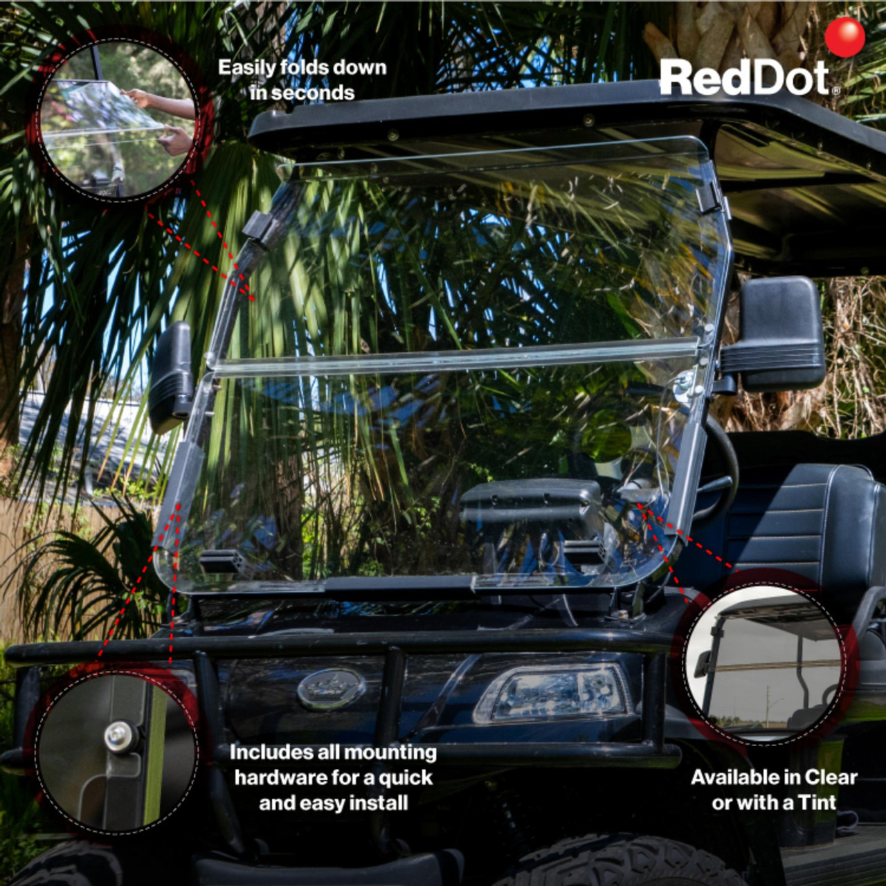 Tinted vented folding windshield installed on an Evolution Classic or Forester golf cart. Features 1/4” darkened acrylic material with a folding upper section and integrated adjustable vent, designed for UV protection and airflow control.