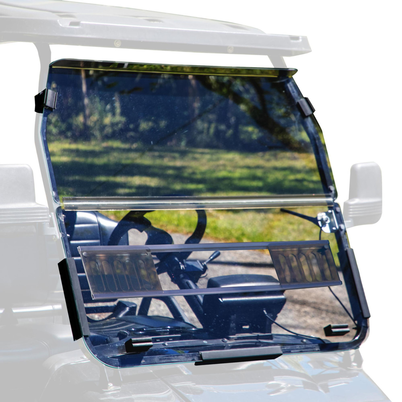 Tinted vented folding windshield installed on an Evolution Classic or Forester golf cart. Features 1/4” darkened acrylic material with a folding upper section and integrated adjustable vent, designed for UV protection and airflow control.