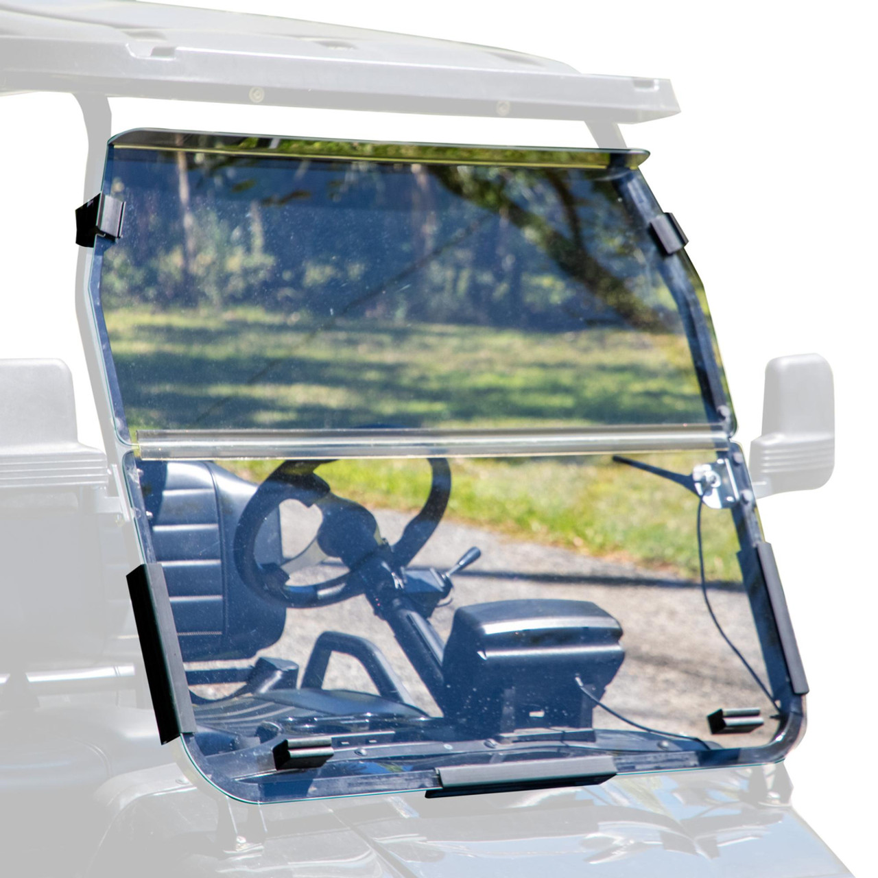 Clear folding windshield installed on an Evolution Forester golf cart. Features 1/4” impact-resistant acrylic with a two-piece foldable design for adjustable ventilation, providing weather protection and crystal-clear visibility.