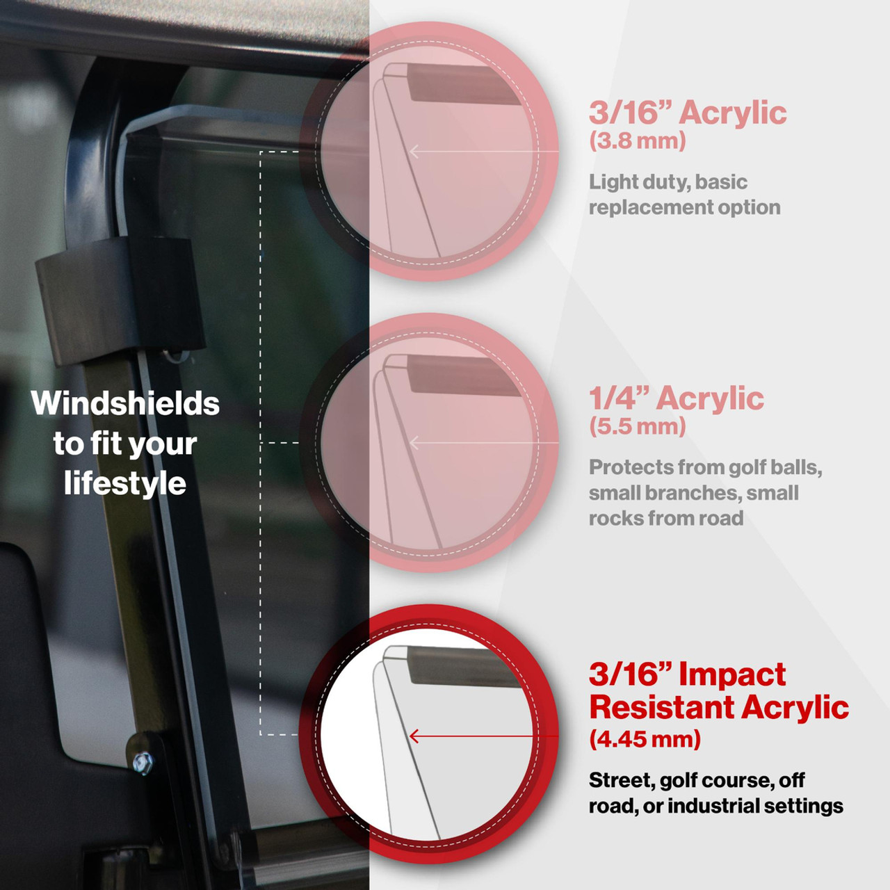 *"RedDot Evolution Classic/Forester tinted folding windshield shown installed on golf cart in both upright and folded positions. Features 3/16" smoke-tinted impact-resistant acrylic, heavy-duty aluminum frame, and precision fitment. Professional wind and sun protection for Evolution golf carts."*