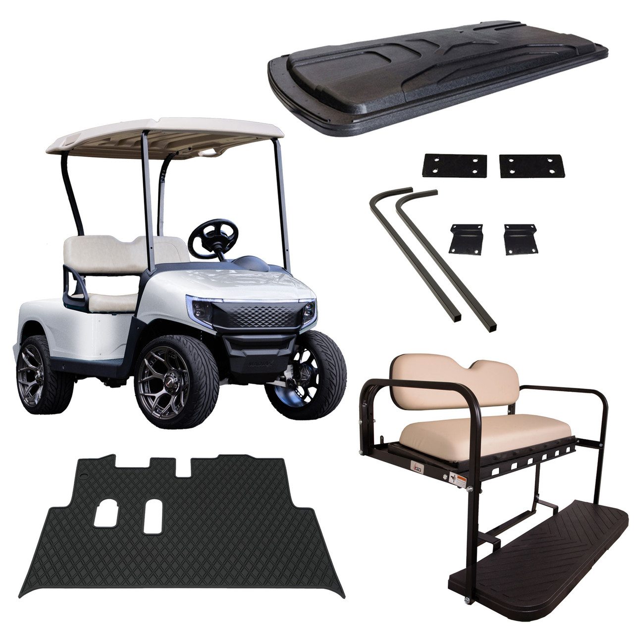 EZGO RXV Refurbished Golf Cart Kit – Frost White Metallic Apex Body with Oyster Seats (2008–2023)