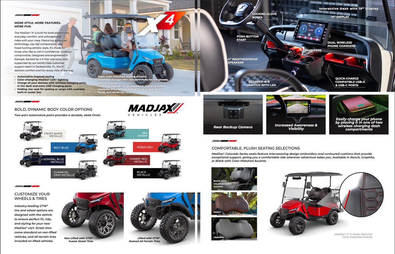 The 2024 MadJax X Series X4 Golf Cart features a sleek, modern design with a bold front grille, LED lighting, and vibrant high-gloss color options. The luxurious interior includes premium seating, USB ports, cup holders, and a folding windshield. With a 3" lift, hydraulic disc brakes, and a powerful 5KW motor, this cart is built for style and performance.