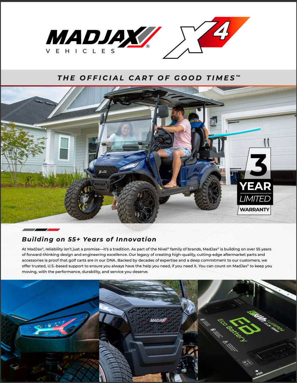 The 2024 MadJax X Series X4 Golf Cart features a sleek, modern design with a bold front grille, LED lighting, and vibrant high-gloss color options. The luxurious interior includes premium seating, USB ports, cup holders, and a folding windshield. With a 3" lift, hydraulic disc brakes, and a powerful 5KW motor, this cart is built for style and performance.