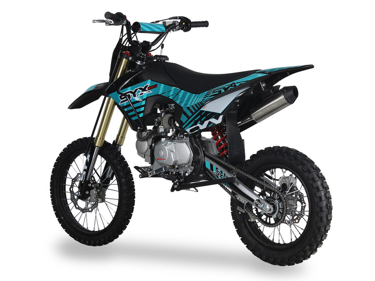 The image showcases the SYX MotoPro WHIP PAD125-3 125cc Pit Bike in one of its three available color options. The bike features a sleek design with upgraded graphics and plastics, highlighting its modern and aggressive look. The anodized hydraulic front fork and coil spring rear shock absorber are visible, emphasizing the bike's advanced suspension system. The heavy-duty black steel rims with off-road tires and hydraulic disc brakes are prominently displayed, showcasing the bike's durability and safety features. The handlebar with a built-in hour meter and the SY-Forged triple clamp add to the bike's premium feel. Overall, the image captures the essence of a high-performance, stylish, and durable pit bike ready for any off-road adventure.