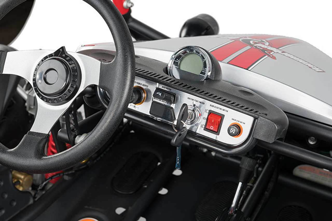 Hammerhead by Polaris GTS Platinum Edition, a high-performance off-road go-kart designed for adventure. The go-kart features a sleek, rugged design with brushed aluminum wheels, a canopy top, and all-wheel fenders. The nitrogen gas shocks and dual A-arm suspension system are prominently visible, highlighting its advanced engineering. The digital speedometer, dual headlights, and brush guard add to its modern and functional appeal. The go-kart is shown in an off-road setting, ready to tackle any terrain with confidence and style.