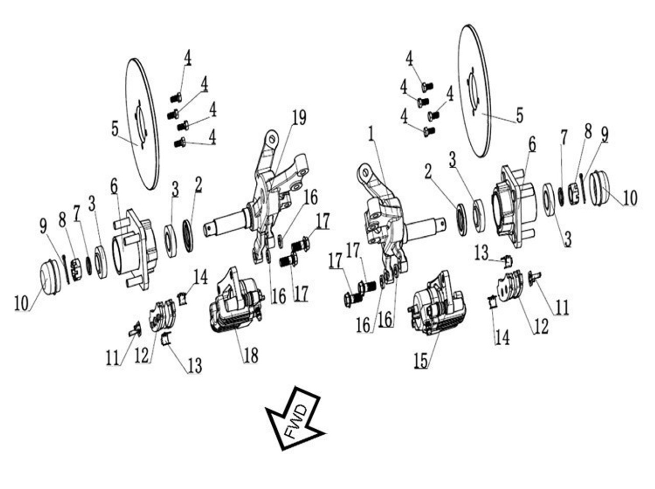 Kandi Kruiser Front Knuckle (Driver Side), Kandi Kruiser Grease Seal, Kandi Kruiser Bearing, Kandi Kruiser Brake Disc Bolt, Kandi Kruiser Brake Disc, Kandi Kruiser Hub Assembly, Kandi Kruiser Washer