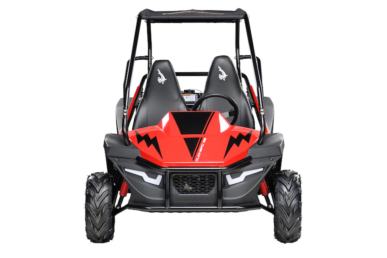 The Hammerhead Mudhead SE is our newest addition to the youth segment. Designed to be the most reliable and stylish youth go-kart available on the market, the SE will be your kid’s dream come true.  Available in six colors, the Mudhead SE comes equipped with reverse and a 208cc (6.5 HP) LCT electric-start engine utilizing a manual choke for all-weather starting.  Other standard features include ROPS, LED headlights, throttle limiter and an upgraded plastic body with steel bumper
