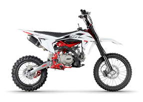 The image showcases the 2025 SSR SR125RB Pit Bike in a rugged, off-road setting, highlighting its powerful design and advanced features. The pit bike features a white color option, inverted hydraulic front forks, and steel wheels with 70/100-17 front tires and 90/100-14 rear tires. The dual disc brakes are prominently displayed, emphasizing the bike's safety and control features. The mono shock rear suspension and double bar steel frame are visible, showcasing the bike's durability and stability. This image perfectly captures the SSR SR125RB's blend of performance, safety, and style, making it an ideal choice for off-road enthusiasts. The image showcases the 2025 SSR SR125RB Pit Bike in a rugged, off-road setting, highlighting its powerful design and advanced features. The pit bike features a white color option, inverted hydraulic front forks, and steel wheels with 70/100-17 front tires and 90/100-14 rear tires. The dual disc brakes are prominently displayed, emphasizing the bike's safety and control features. The mono shock rear suspension and double bar steel frame are visible, showcasing the bike's durability and stability. This image perfectly captures the SSR SR125RB's blend of performance, safety, and style, making it an ideal choice for off-road enthusiasts.