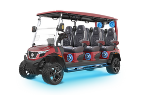 Image of Evolution D-MAX XT6 4WD luxury lifted 6-seater golf cart featuring rugged off-road tires, premium leather seats, 10.1-inch touchscreen with Apple CarPlay, multicolor LED lighted speakers, dual wireless charging pads, built-in dash refrigerator, illuminated running board, and aggressive outdoor-ready design. Image of Evolution D-MAX XT6 4WD luxury lifted 6-seater golf cart featuring rugged off-road tires, premium leather seats, 10.1-inch touchscreen with Apple CarPlay, multicolor LED lighted speakers, dual wireless charging pads, built-in dash refrigerator, illuminated running board, and aggressive outdoor-ready design.