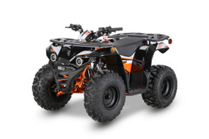 The image showcases the Kayo Bull 110 ATV, a compact and rugged all-terrain vehicle designed for young riders. The ATV features a sleek design with a durable frame, large off-road tires, and a comfortable seat. The front and rear hydraulic disc brakes are visible, emphasizing the vehicle's safety features. The double A-arm front suspension and adjustable rear shock absorber highlight the ATV's ability to handle rough terrain. The electric starter and reverse gear make it user-friendly for young adventurers. The image captures the Bull 110 in action, ready to tackle trails and provide hours of off-road fun.