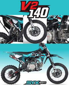 The image showcases the SYX MotoPro PAD140-V2 140cc Pit Bike in one of its three available color options. The bike features a sleek and modern design with upgraded plastic kits and a new muffler with a chrome pipe and anti-scalding sheet. The inverted front shock and coil spring rear shock absorber are prominently displayed, highlighting the bike's advanced suspension system. The heavy-duty black steel rims with off-road tires and hydraulic disc brakes are visible, emphasizing the bike's durability and safety features. The handlebar with a built-in air filter and the SY new forged triple clamp add to the bike's premium feel. The SY V2 double tube cradle frame and SY steel swing arm (knife-shape) are also showcased, underscoring the bike's robust construction. Overall, the image captures the essence of a high-performance, stylish, and durable pit bike ready for any off-road adventure. The image showcases the SYX MotoPro PAD140-V2 140cc Pit Bike in one of its three available color options. The bike features a sleek and modern design with upgraded plastic kits and a new muffler with a chrome pipe and anti-scalding sheet. The inverted front shock and coil spring rear shock absorber are prominently displayed, highlighting the bike's advanced suspension system. The heavy-duty black steel rims with off-road tires and hydraulic disc brakes are visible, emphasizing the bike's durability and safety features. The handlebar with a built-in air filter and the SY new forged triple clamp add to the bike's premium feel. The SY V2 double tube cradle frame and SY steel swing arm (knife-shape) are also showcased, underscoring the bike's robust construction. Overall, the image captures the essence of a high-performance, stylish, and durable pit bike ready for any off-road adventure.