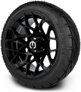 MODZ® Blitz Glossy Black 14" Golf Cart Wheels and MODZ® Guardian (205/30-14) DOT Golf Cart Tires Combo - Set of 4
