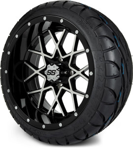 MODZ® Vortex Machined Black 14" Golf Cart Wheels and MODZ® Street Fox (205/40-R14) Golf Cart Radial Tires Combo - Set of 4