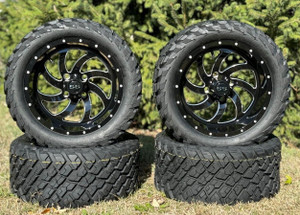 14" Glossy Black Phantom Golf Cart Wheels Milled Spokes W/ 23x10-14 All Terrain/Street Use Tire/DOT Certified, Compatable W/EZGO/Club Car/YMH, Quiet and Smooth Ride,; Lift Kit Required. 14" Glossy Black Phantom Golf Cart Wheels Milled Spokes W/ 23x10-14 All Terrain/Street Use Tire/DOT Certified, Compatable W/EZGO/Club Car/YMH, Quiet and Smooth Ride,; Lift Kit Required.