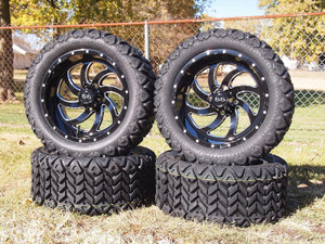 14" Glossy Black Phantom Golf Cart Wheel Milled Spokes W/ 23x10-14 All Terrain Tire, DOT Certified, Compatable With EZGO/Club Car/YMH; 5"or 6" Lift Kit Required 14" Glossy Black Phantom Golf Cart Wheel Milled Spokes W/ 23x10-14 All Terrain Tire, DOT Certified, Compatable With EZGO/Club Car/YMH; 5"or 6" Lift Kit Required