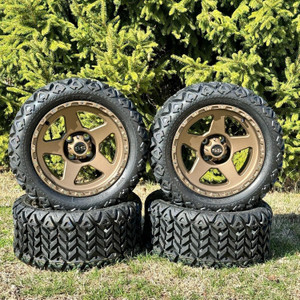 14" Bronze Golf Cart Wheels & Tires Combo 23x10-14 All Terrain/DOT Certified, Compatable With EZGO/Club Car/YMH, 4x Center Caps & 16x Lug Nuts Included. 5"or 6" Lift Kit Required 14" Bronze Golf Cart Wheels & Tires Combo 23x10-14 All Terrain/DOT Certified, Compatable With EZGO/Club Car/YMH, 4x Center Caps & 16x Lug Nuts Included. 5"or 6" Lift Kit Required